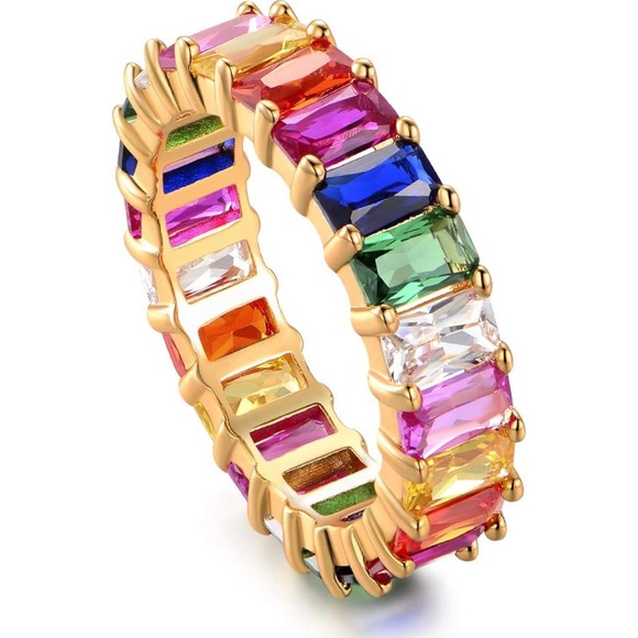 New 18K Gold Plated Emerald-Cut Rainbow Created-Gemstone Eternity Ring sz5-10 - Picture 2 of 4